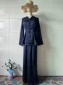 Details of the elegant solid color long sleeve top and long skirt set in navy blue satin. - Navy Blue