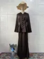 Retro brown long sleeve top and long skirt two piece set detail showcasing elegant retro style. - Dark Brown