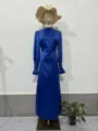 Royal blue satin long sleeve maxi dress, high neck pleated waist design for women. - S / Blue