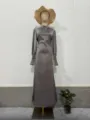 European style grey satin long sleeve maxi dress with pleated cuffs and high neck design. - S / Gray