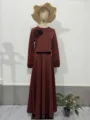 Caramel brown long sleeve two-piece maxi dress with elegant floral accent for women. - S / Set / Caramel color