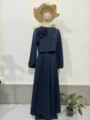 Navy blue two piece dress set with lantern sleeves and floral applique for women autumn style. - S / Set / Navy Blue