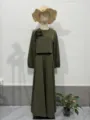 Women olive green long sleeve top and long skirt two piece set with flower detail - S / Set / Olive Green