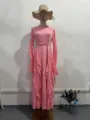 Pink long sleeve ruffle maxi dress with mock neck and matching belt. Elegant casual wear. - S / Pink