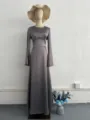 Solid grey satin long sleeve maxi dress, elegant waist-cinching design for women spring wear. - S / Space Gray