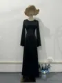 Elegant solid color long-sleeve long dress with waist design, perfect for spring fashion. - S / Black