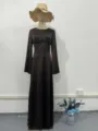 Solid color long sleeve maxi dress for women, elegant waist-cinching design for spring casual wear. - Coffee