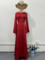 Women solid red long sleeve maxi dress elegant slim waist casual apparel for spring season. - Red