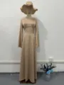 Beige long sleeve maxi dress, solid color high waist elegant gown for women spring fashion. - Champagne