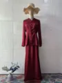 Wine red vintage long sleeve top and maxi skirt set for women, elegant spring fashion outfit. - Burgundy
