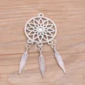 Silver alloy dreamcatcher charm pendant with hanging feathers for DIY jewelry parts. - No.6 Antique Silver