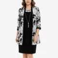 Detailed view of the elegant black white floral print cardigan and dress outfit. - 1XL / Black