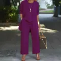 Stylish plus size women's three piece pants set featuring cardigan, top and trousers. - 3XL / Set / Purple