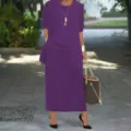 Details of the elegant purple three-piece women outfit featuring asymmetric hem and solid color. - Purple