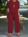 Detailed view of women's elegant burgundy 3-piece pants set outdoor scene lifestyle. - 3XL / Set / Burgundy