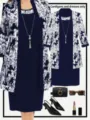Elegant three-quarter sleeve cardigan and sleeveless dress set with chic floral print for women. - 3XL / Navy Blue 48