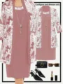 Dusty pink two-piece set with 3/4 sleeve cardigan and sleeveless dress with white lace. - 3XL / Pink 85