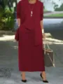 Detailed shot of the elegant wine red women's three-piece skirt set in an outdoor setting. - Burgundy