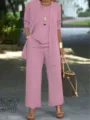 Women's 3-piece pantsuit detail showing elegant pink cardigan, top and wide-leg trousers. - 3XL / Set / Light Pink