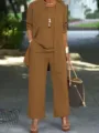 Women's solid brown 3-piece casual pants set detail view, featuring cardigan and wide-leg trousers. - 3XL / Set / Khaki