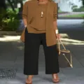 Stylish women three piece outfit set cardigan top and wide leg pants for autumn new wear - 3XL / Set / Khaki And Black