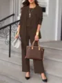 Elegant women's three-piece pantsuit in deep brown, featuring cardigan, top, and wide trousers. - 3XL / Set / Grey Green
