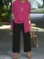 Detailed view of the chic three-piece outfit showcasing the magenta cardigan and black pants. - 3XL / Set / Rose Red + Black
