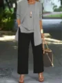 Detail shot of casual three-piece outfit featuring grey top and black wide leg pants. - 3XL / Set / Gray and Black
