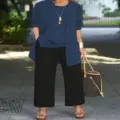 Women plus size three-piece casual outfit with blue cardigan and black pants set. - 3XL / Set / Light Blue and Black