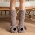 Winter fluffy dog socks, thick warm coral fleece indoor floor socks for women and girls. - Gray-Brown Puppy