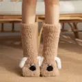 Fluffy winter warm socks for women, cute plush dog design thick indoor home floor socks. - Coffee Puppy