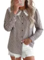 Chemisier à carreaux marron pour femme col Claudine en dentelle haut décontracté chic - S / Café