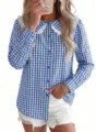 Chemise à manches longues à carreaux bleu et blanc avec col claudine en dentelle. - S / Bleu