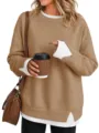 Dettaglio felpa oversize da donna girocollo a maniche lunghe con colori a contrasto casual. - Taglia S / Kaki