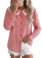 Chemisier carreaux rouge et blanc col claudine en dentelle, manches longues, style doux. - S / Rouge