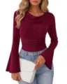 Top a maniche lunghe a coste bordeaux donna maniche a campana colletto drappeggiato - Taglia S / Caffè