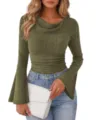 Top a maniche lunghe a coste verde con maniche a campana da donna moda autunno 2026 - Taglia S / Verde militare