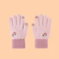 Pink winter knitted touchscreen gloves for women featuring cute snowman embroidery, warm and thick. - One Size / Pink