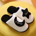 Cozy plush cotton slippers for indoor winter home use with cute star moon design and warm thick sole. - 36-37 / Star Moon Floor Slippers / Black