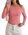Damen lässiges gestreiftes One-Shoulder Langarmshirt Sommer slim fit Mode Oberteil - S / Oberteile / Dunkelrosa