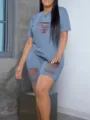 Summer casual two-piece outfit featuring stylish cutout details on the front and shorts. - 3XL / Light Blue