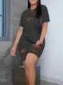 Plus size summer women's black cutout t-shirt and shorts set, sexy casual two piece outfit. - 3XL / Dark Gray