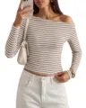 Damen stylisches gestreiftes schulterfreies langarm T-Shirt lässiges schlichtes Oberteil - S / Oberteile / Blau