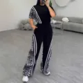 Women two piece tracksuit set short sleeve t-shirt and leopard stripe wide leg pants - S / Top And Bottom / Black