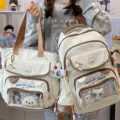 Canvas Ita Rucksack und Shopper Set mit Sichtfenster, süßen Plüschhängern und Farbdesign. - 2-teiliges Rucksack- und Tragetaschen-Set (Mit Zubehör) / Weiß