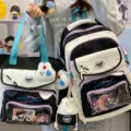 Niedlicher kontrastfarbener Schulrucksack für Mädchen, Set mit Schultasche und Details. - 2-teiliges Rucksack- und Tragetaschen-Set (Mit Zubehör) / Schwarz