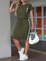 Detail view of the olive green two-piece outfit featuring white side stripes and chest pocket. - S / Top And Bottom / Army Green