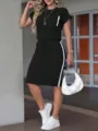Women summer casual black short sleeve t-shirt and midi pencil skirt matching outfit set - S / Top And Bottom / Black