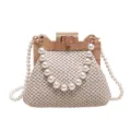 Sac à main tissé en paille avec bandoulière en perles et cadre en bois pour les vacances d'été. - Beige