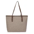 Stylish women large capacity tote bag with classic monogram pattern and brown leather trim. - Khaki